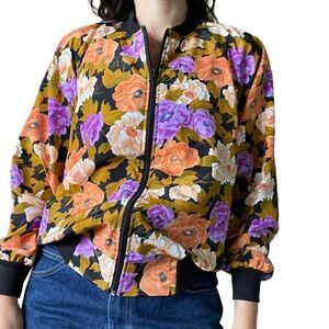 Vintage 80s Floral Windbreaker Jacket Full Zip Collarless Women Size Small Boxy